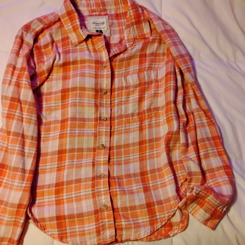 American Eagle Outfitters Women's Orange Plaid Button-Down Shirt